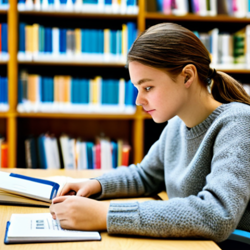 Home 4 A focused female student in a modest, comfortable sweater, actively engaged in retrieval practice at a clean, well-lit study desk in a modern library. She holds a flashcard in one hand, while a partially drawn mind map on a notebook beside her visually represents dual coding. The background features blurred bookshelves. The image is a professional photograph, fully clothed, appropriate attire, safe for work, family-friendly, perfect anatomy, correct proportions, natural pose, well-formed hands, proper finger count, natural body proportions, high quality.